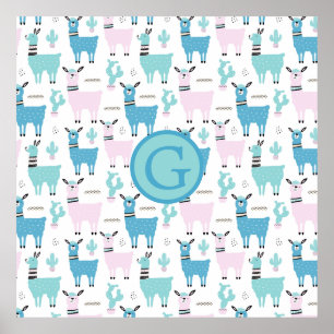 Poster Llama Alapaca animal Monogramme bleu rose animaux