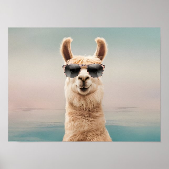 Poster Llama Arrière - plan pastel avec lunettes de solei (Devant)