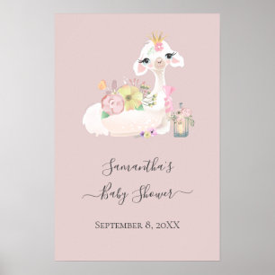 Poster Llama bébé avec Fleurs blanches et roses Adorable
