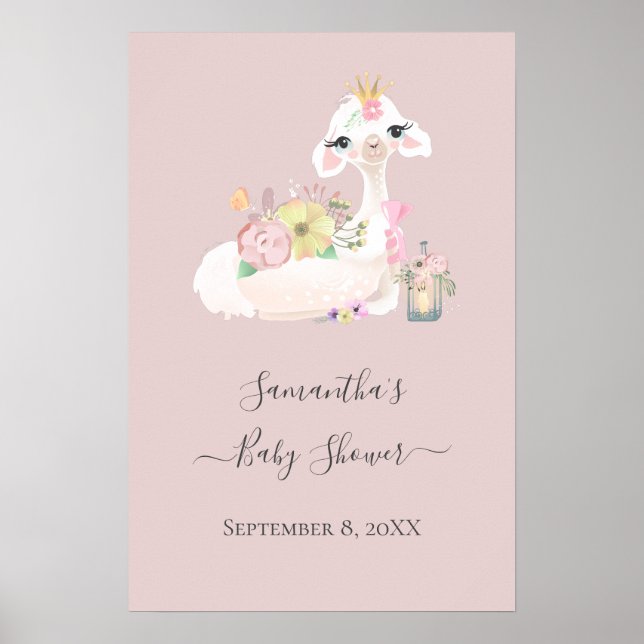 Poster Llama bébé avec Fleurs blanches et roses Adorable (Devant)
