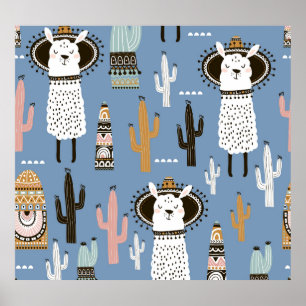 Poster Llama, Cactus, Motif d'éléments à main.