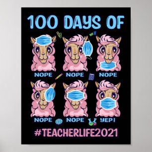 Poster Llama enseignant portant un masque pour 100 jours 
