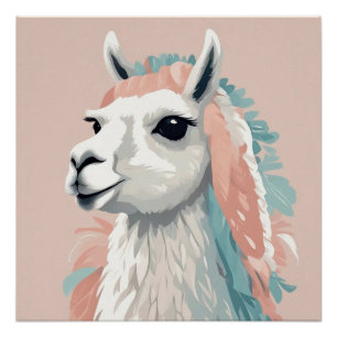 Poster Llama mignonne à la fourrure colorée sur la tête