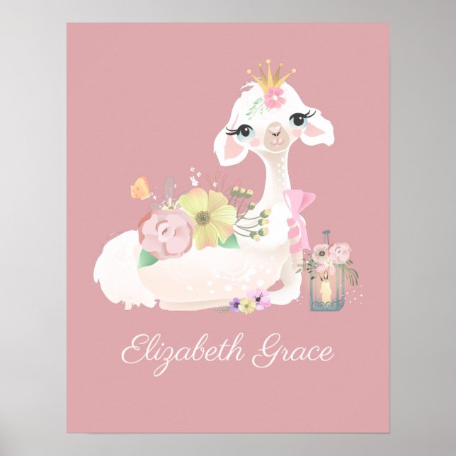 Poster Llama rose et blanc avec Fleurs Fille (Devant)