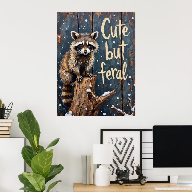Poster L'observateur d'hiver : Raccoon sur la souche (Bureau à domicile)