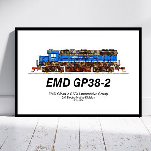 Poster Locomotive diesel EMD GP38-2 bleu et blanc GATX