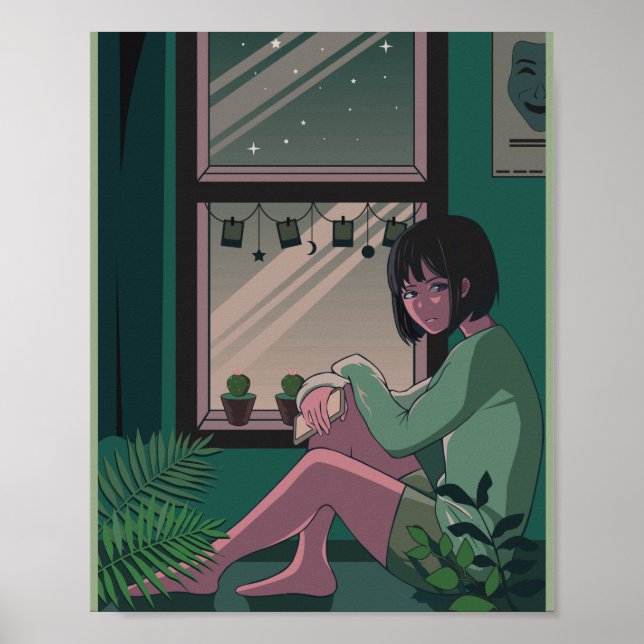 Poster Lofi Anime Art Triste Girl Missing Quelqu'un (Devant)