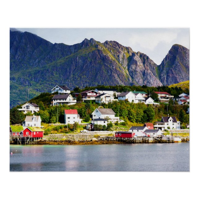 Poster Lofoten Norvège Reine village sous ciel bleu solei (Devant)