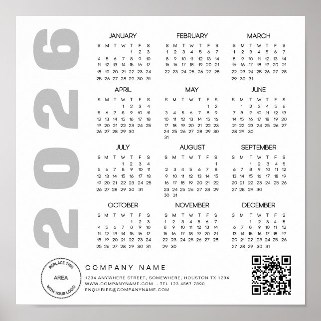 Poster Logo 2026 Calendrier QR Code Nom de la société (Devant)