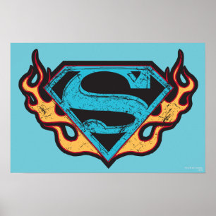 Poster Logo bleu super fille avec flammes