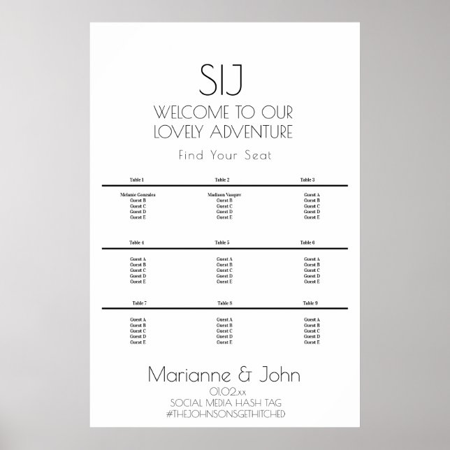 Poster Logo de mariage minimaliste B&White Plan de table (Devant)