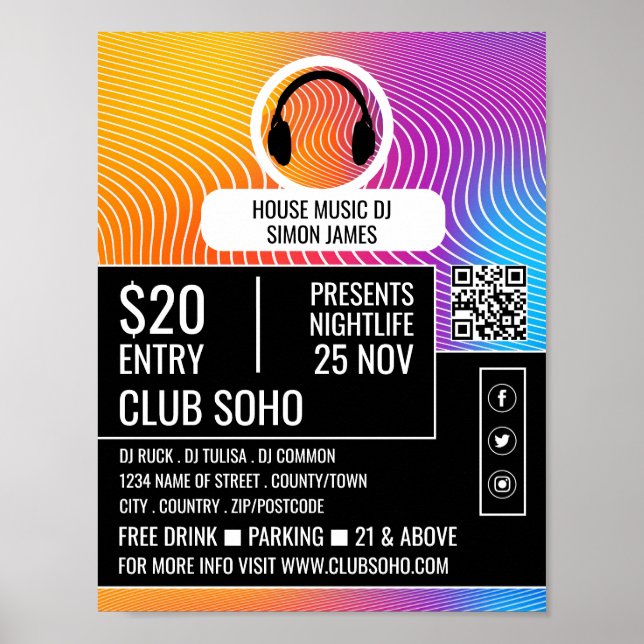 Poster Logo de musique casque, DJ Advert professionnel (Devant)