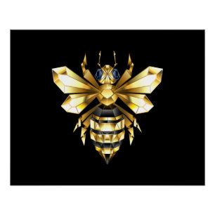 Poster Logo Faux Gold Foil Bee Polygonal sur Noir