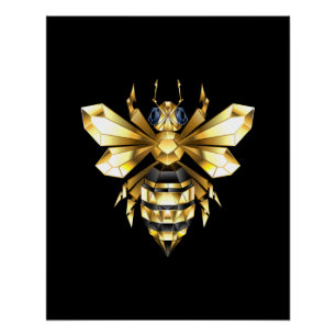 Poster Logo Faux Gold Foil Bee Polygonal sur Noir