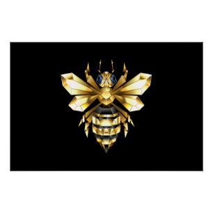 Poster Logo Faux Gold Foil Bee Polygonal sur Noir