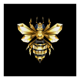 Poster Logo Faux Gold Foil Bee Polygonal sur Noir