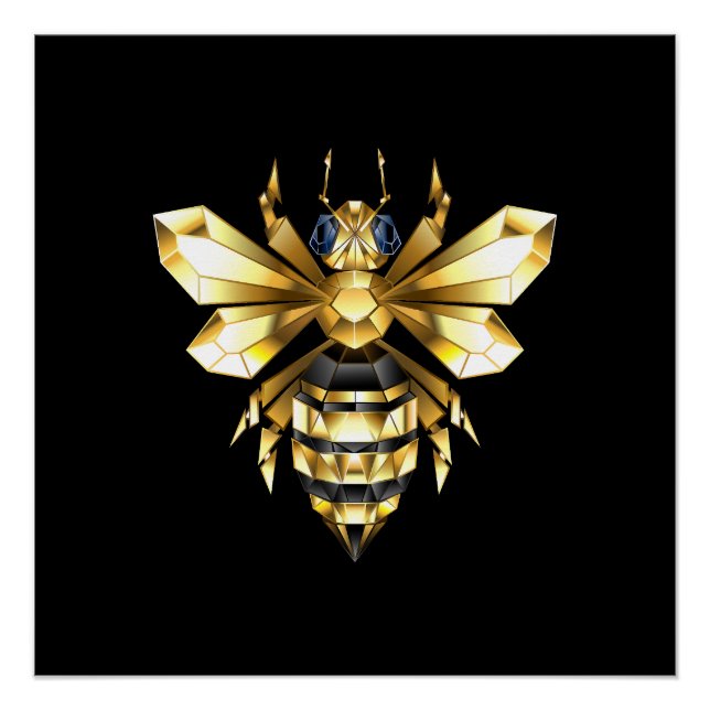 Poster Logo Faux Gold Foil Bee Polygonal sur Noir (Devant)