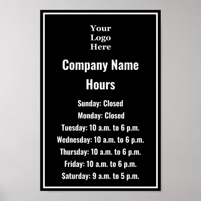 Poster Logo noir et blanc d'affaires Heures d'ouverture (Devant)