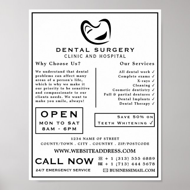 Poster Logo pour dents noir et blanc Dentistère, Advert p (Devant)