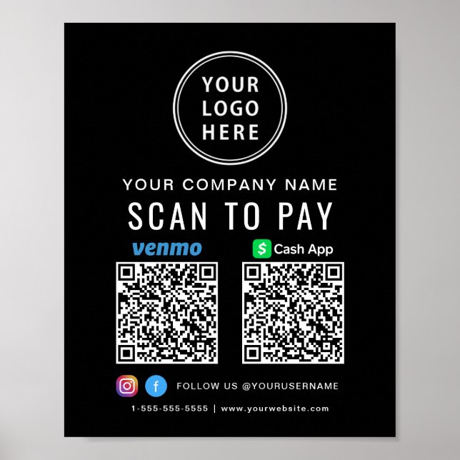 Poster Logo Scan to Pay Codes QR Black CashApp Venmo (Devant)