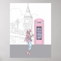 London City Girl with Pink Phone Box Canvas Imprim