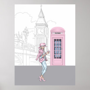 Poster London City Girl with Pink Phone Box Canvas Imprim