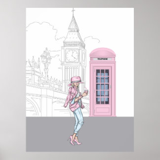 Poster London City Girl with Pink Phone Box Canvas Imprim