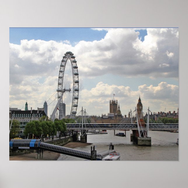 Poster Londres Angleterre Skyline, Big Ben, London Eye, T (Devant)