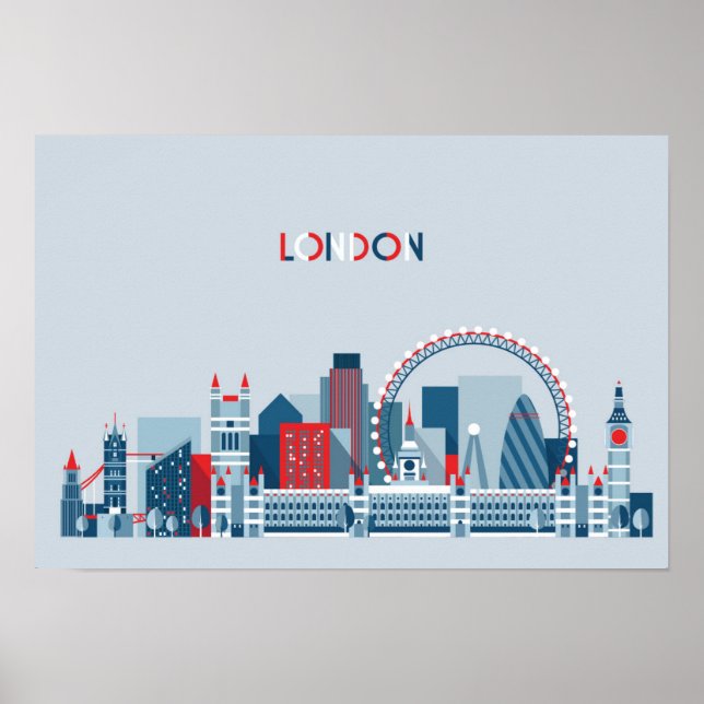 Poster Londres, Angleterre | Skyline rouge, blanc et bleu (Devant)