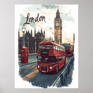 Poster Londres Cityscape avec bus à impériale et Big Ben