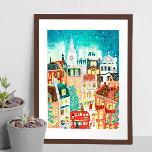 Poster Londres illustrative en ville à Noël sous la neige