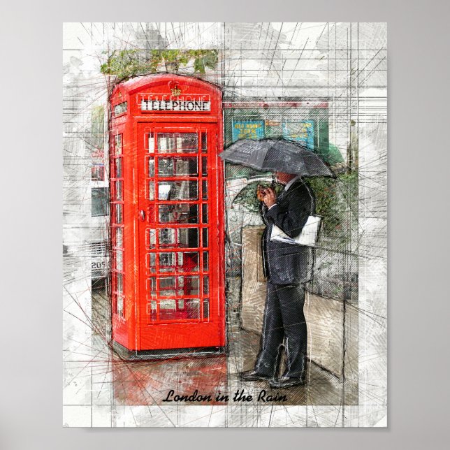 Poster Londres Pluie comme d'habitude Crayon dessiné (Devant)