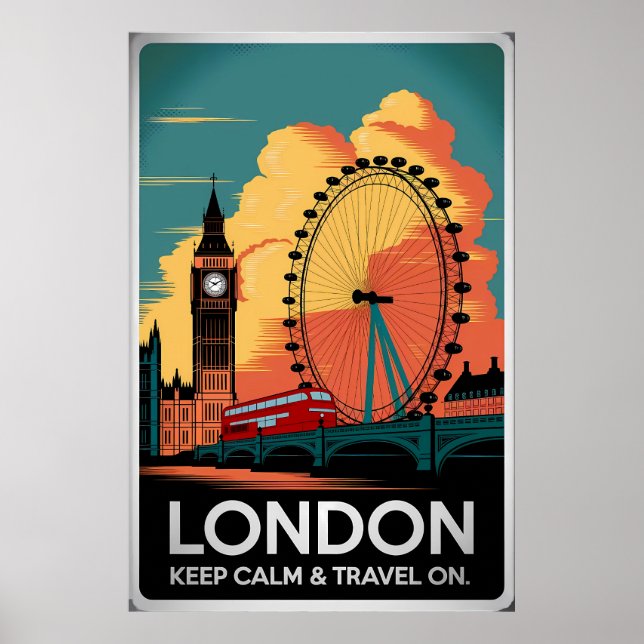 Poster Londres vintage - Gardez le calme et Voyagez sur (Devant)