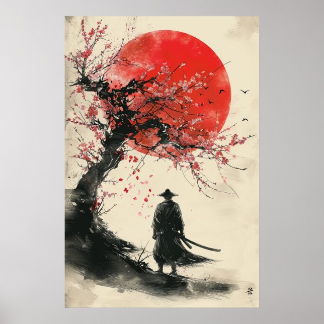 Poster Lone Samurai – Red Sun Japanese Ink Art (Devant)