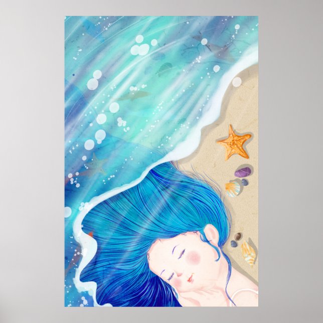 Poster Long Angel Aux Cheveux Bleus Dormir Sur La Plage (Devant)