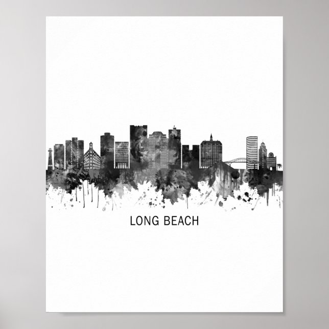 Poster Long Beach California Skyline BW (Devant)
