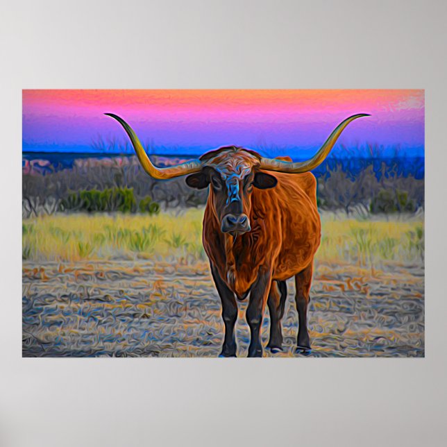Poster Longhorn au coucher du soleil (Devant)
