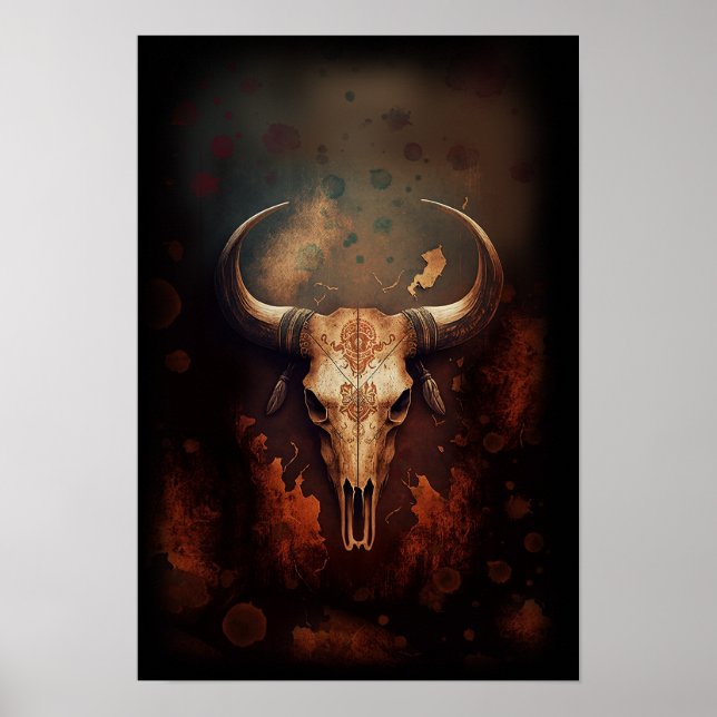 Poster Longhorn Crâne de vache rustique (Devant)