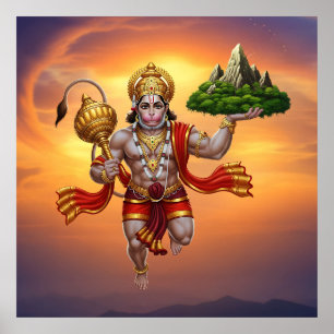 Poster Lord Hanuman Flying Lifting Mountain