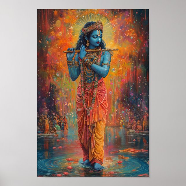 Poster Lord Krishna jouant de l'Art bleu orange flûte (Devant)