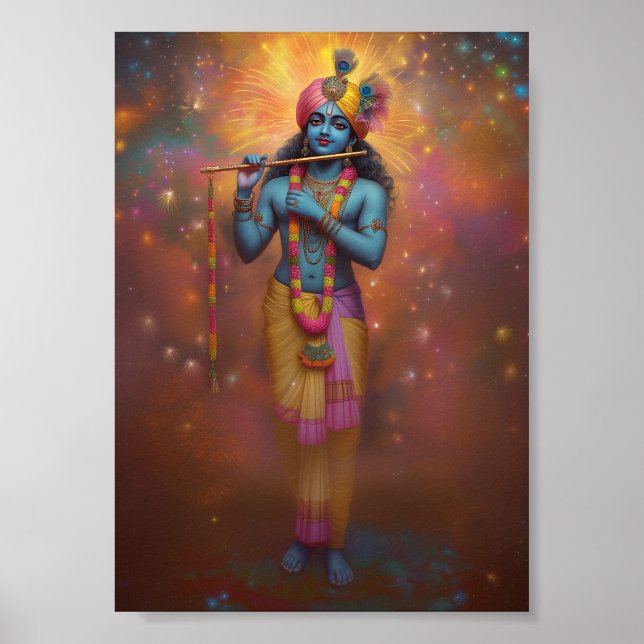 Poster Lord Krishna Pastel Rainbow Fireworks Art hindou (Devant)