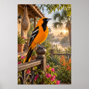 Poster Loriole d'Altamira sur un patio de jardin au lever