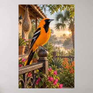 Poster Loriole d'Altamira sur un patio de jardin au lever