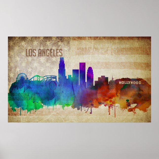 Poster Los Angeles, CA | Aquarelle Ville Skyline (Devant)