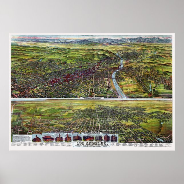 Poster Los Angeles, CA Carte panoramique - 1894 (Devant)