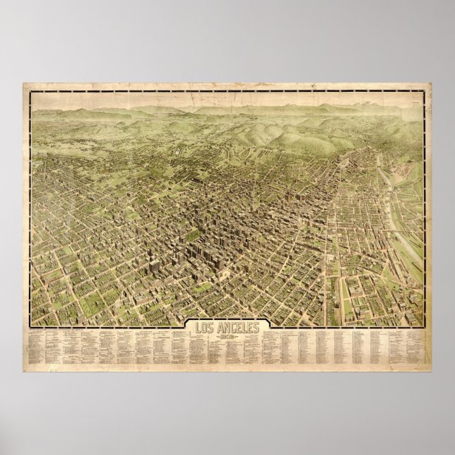 Poster Los Angeles California 1909 Antique carte panorami (Devant)