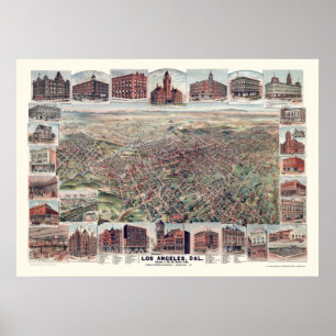 Poster Los Angeles, carte panoramique de CA - 1891
