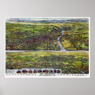 Poster Los Angeles, carte panoramique de CA - 1894