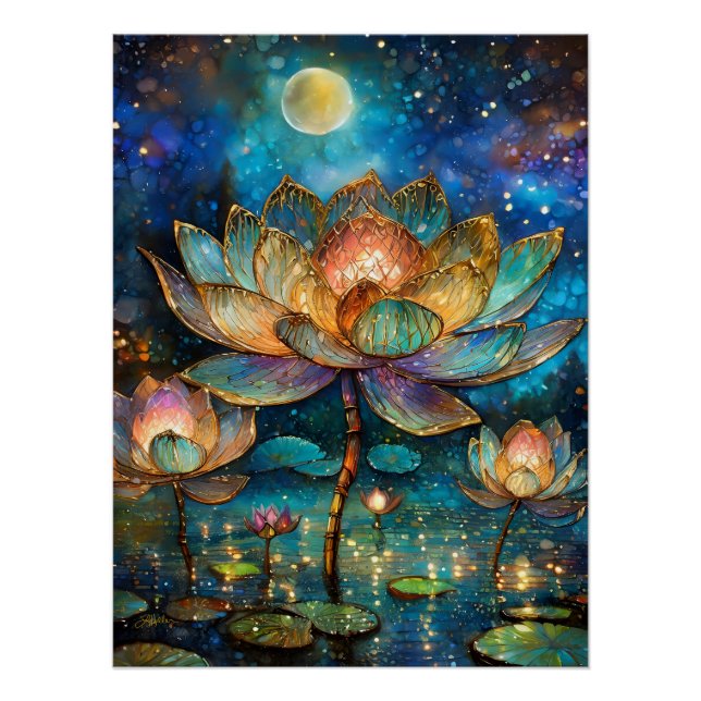 Poster Lotus de verre tendu fleurit au clair de lune (Devant)