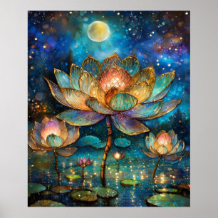 Poster Lotus de verre tendu fleurit au clair de lune